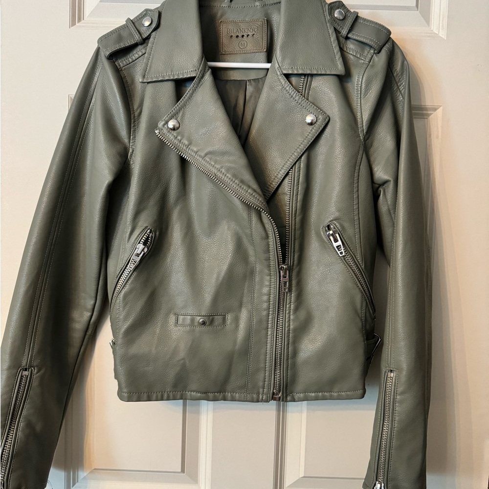 Green Leather Moto Jacket with Asymmetrical Zipper and Notched Lapels